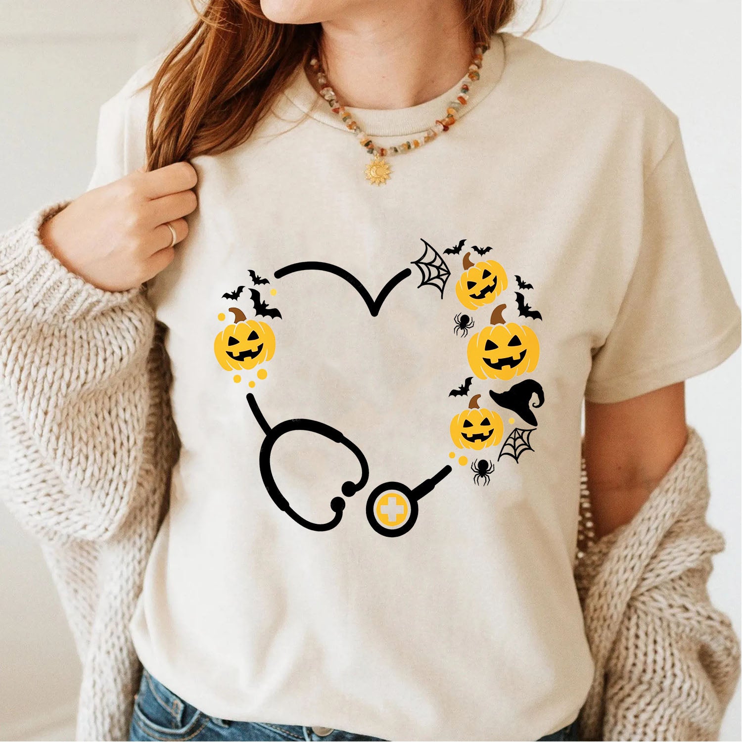 Nurse Gift - Halloween Stethoscope Pumpkin Personalize Shirt