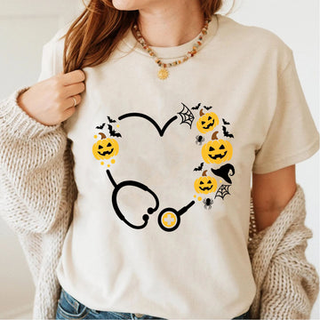 Nurse Gift - Halloween Stethoscope Pumpkin Personalize Shirt
